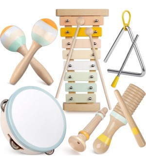 Kit complet petites percussions en bois naturel couleur pastel pour enfants Musicakids jouets éveil musical instument de musique