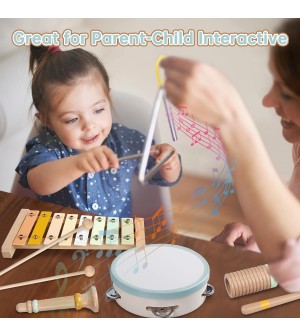 Kit complet petites percussions en bois naturel couleur pastel pour enfants Musicakids jouets éveil musical instument de musique