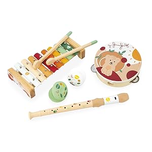 janod set musical xylophone tambourin castagnettes flÃ»te lion bois mÃ©tal